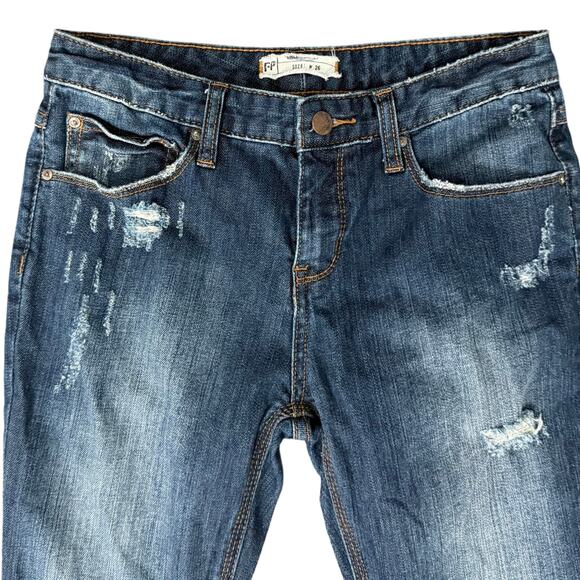 Free People Dark Wash Raw Hem Distressed Low Rise Denim Straight Ankle Jeans 26 - Picture 9 of 10